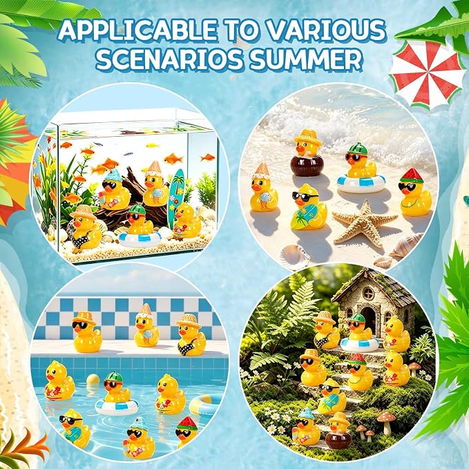 120 Pcs Summer Mini Resin Ducks 10 Beach Vacation Styles Tiny Cruise Ducks to Hide Miniature Hawaii Duck Figurines for Pool Party Favors DIY Crafts Cake Toppers Fairy Garden Aquarium Desk Decor