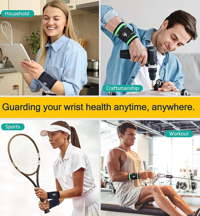 HiRui Wrist Brace Wrist Wraps Compression Wrist Strap, Wrist Support for Work Fitness Weightlifting Sprains Tendonitis, Carpal Tunnel Arthritis, Pain Relief, Adjustable Wristbands 2 PACK (Green, M)