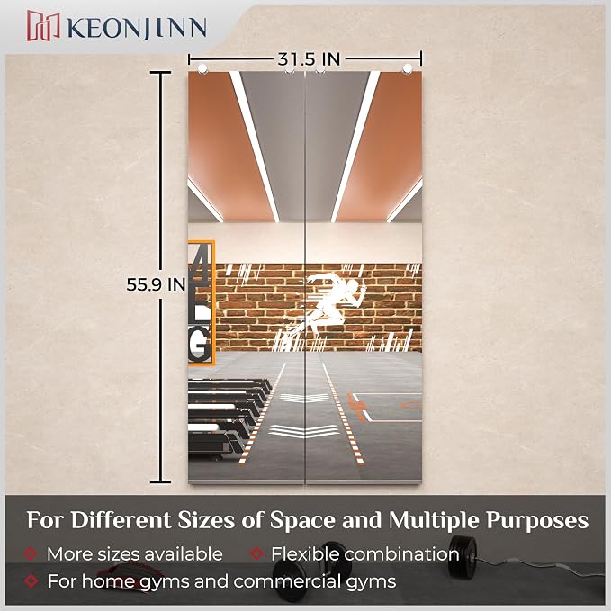Keonjinn 65" x 22" x 2PCS Full Length Home Gym Mirror for Wall,Frameless Glass Large Body Workout Mirrors for Gym, Bedroom, Garage, Studio, Oversized Tall Mirror, Activity, Wall Mounted Only