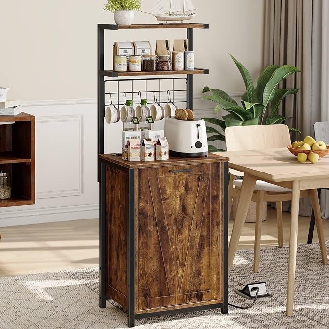 HOOBRO Bakers Rack with Power Outlet, Microwave Stand with Trash Can Storage, 3-Tier Coffee Bar Table with Storage Shelf for Kitchen, Dining Room, Living Room, Rustic Brown and Black BF22UHB01G1