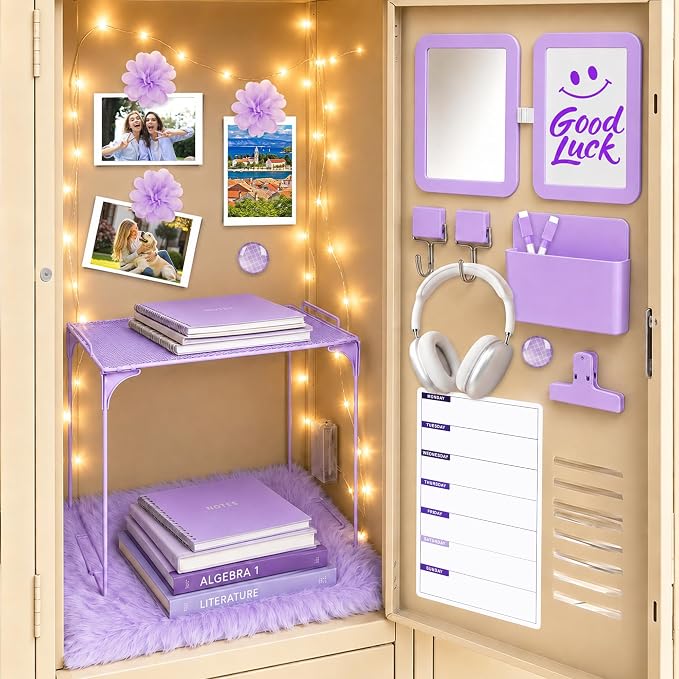 17 PCS Locker Accessories for Girls Locker Decoration Kit with Shelf Magnetic Mirror Whiteboard Pen Holder Rug Wallpaper Lights Lockers Organizer Set for School Dorm Gym Office (Purple)