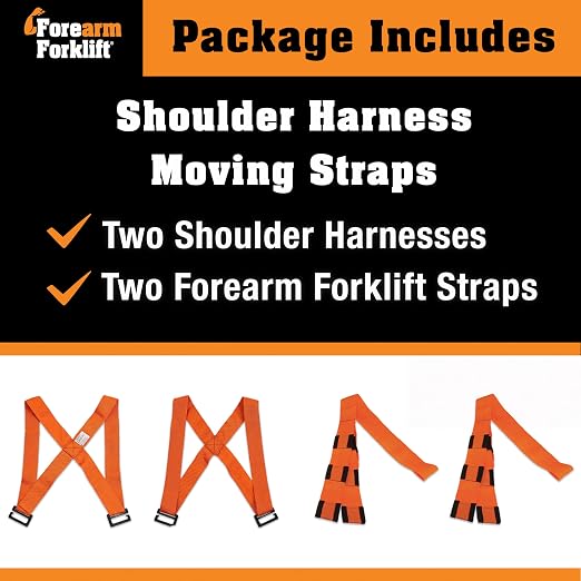 Forearm Forklift Shoulder Harness – Standard - Lift and Move Furniture, appliances, Supports up to 800 lb. Moving Harness Set, 2 Harnesses and 2 Center Straps that are ea 9’4” Long, 1 Pack, Orange