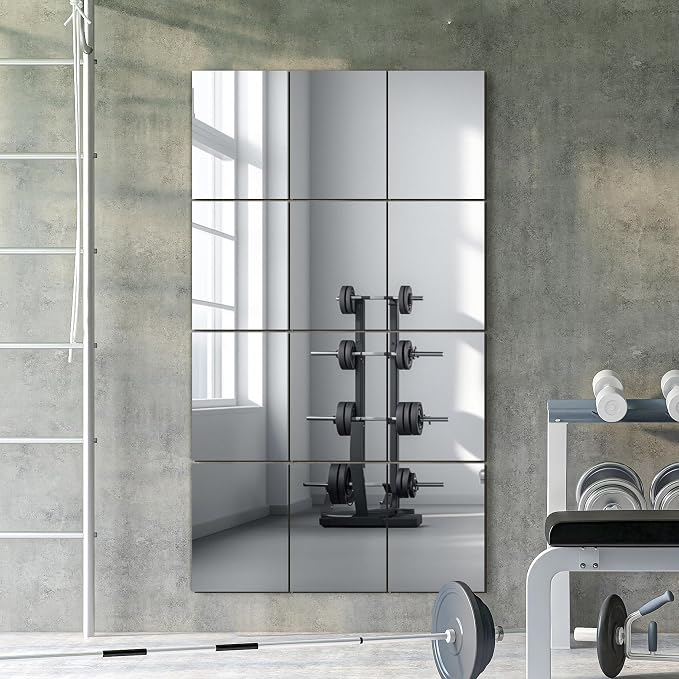 TRAHOME Wall Mirror Tiles, 16"x12"x12PCS Full Length Home Gym Mirror | HD Tempered Glass, Frameless Workout Mirror for Garage, Bedroom, Living Room, Over The Door