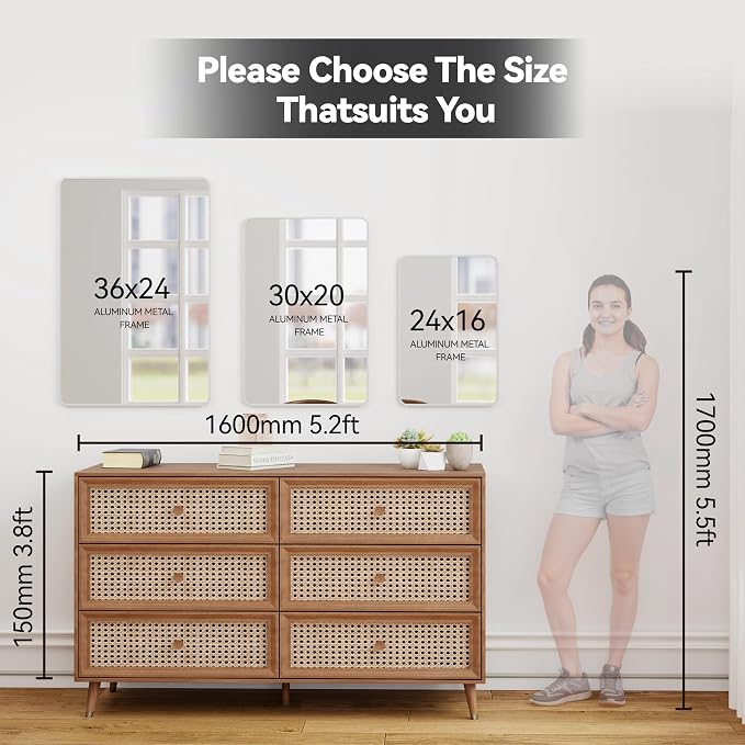 SCWF-GZ 20x30 Rectangle Mirror Full Length Wall Mounted Hanging or Against Wall Metal Frame Dressing Make-up Mirrors for Entryway Bedroom Bathroom Living Room 20 30 inch Silver