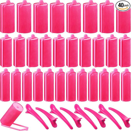 40 Pieces Sponge Hair Rollers Satin Rollers Silk Foam Roller Women Hair Curlers with Duck Teeth Clips for Hairdressing Styling(Rose Red)