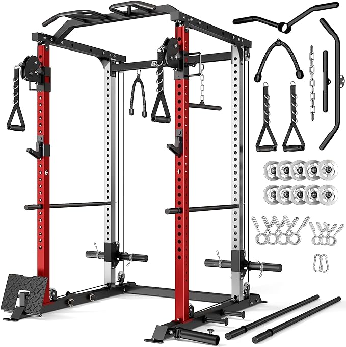 DP01 Power Cage, 2000LBS Squat Rack with Cable Crossover and Dual Independent Pulley System, Full Cage for Full Body Training, Power Rack with More Training Attachments for Home Gym