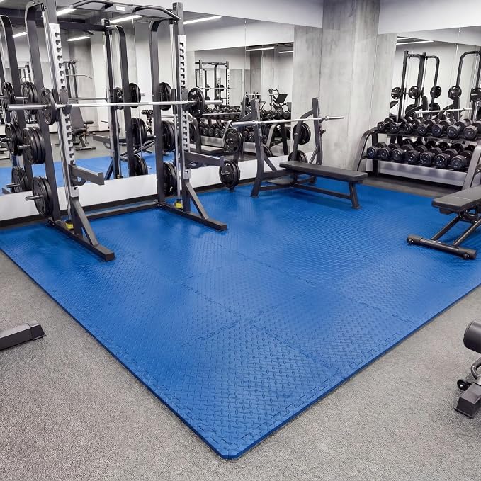 Tangkula 36 Tiles Exercise Flooring Mats with Border, Non-Slip EVA Foam Protective Mats, Elastic Puzzle Play Mats, 1/2" Interlocking Floor Mats for Home Gym, Fitness Room (Blue)