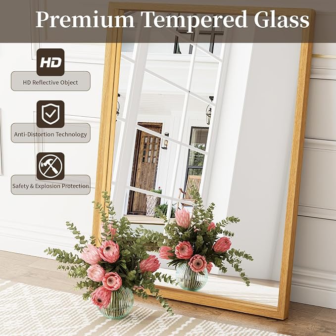 Syndra Natural Wood Frame Bathroom Mirror, 30x40'' Modern Vanity Mirror for Wall, Waterproof Slim Deep Frame, Rectangular HD Tempered Glass Mirror for Living Room, Bedroom, Entryway, Rustic, Farmhouse