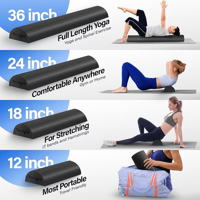 Yes4All Medium Firm PE Half Foam Rollers for Post-Workout Relaxation, 12/18/24/36 inch Foam Roll for Back Massage & Yoga Exercise - Black 24in