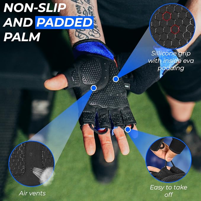 BEAST RAGE Workout Gloves for Men, Durable Palm Grip Gym Gloves Women Half Finger Elasticated Training Weight Lifting Strength Bodybuilding Anti Slip Cycling Gloves Exercise