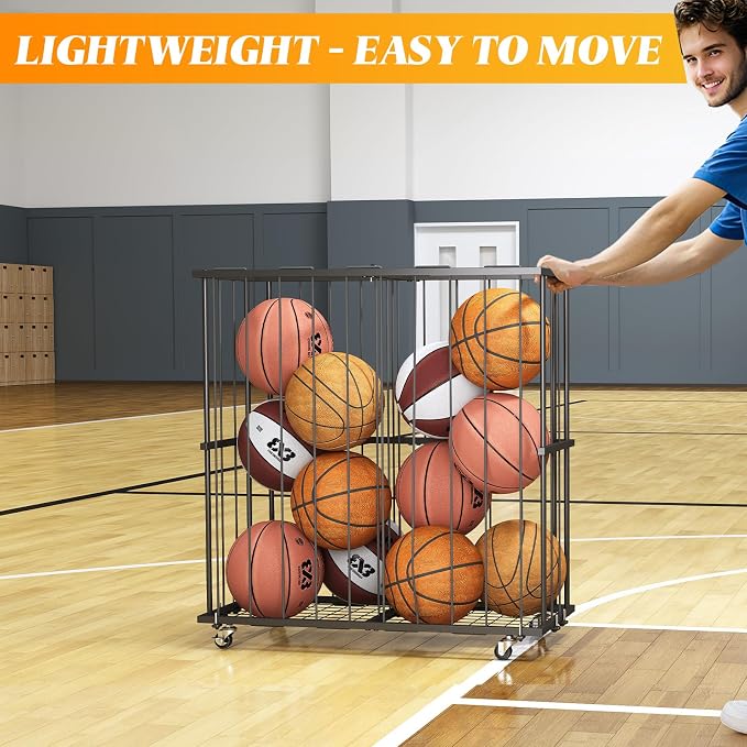 Large Capacity Garage Ball Storage- [Hold 16-20 Balls]: Rolling Sports Equipment Organizer Cart with Elastic Rope, Ball Rack with Wheels for Basketball, Soccer, Football, Indoor/Outdoor, Black