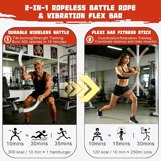 2-in-1 Ropeless Battle Rope & Vibration Bar, Portable Cordless Fitness Ropes for Home Gym, Strength Building, HIIT Training & Low-Impact Aerobic Training for Men and Women