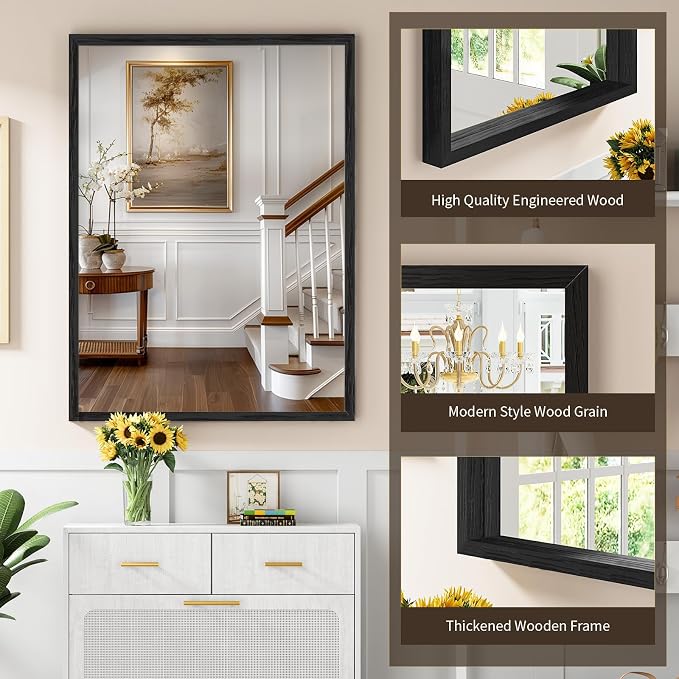 Syndra Black Wood Frame Bathroom Mirror, 30''x40'' Modern Vanity Mirror for Wall, Waterproof Slim Deep Frame, Rectangular HD Tempered Glass Mirror for Living Room, Bedroom, Entryway, Rustic, Farmhouse