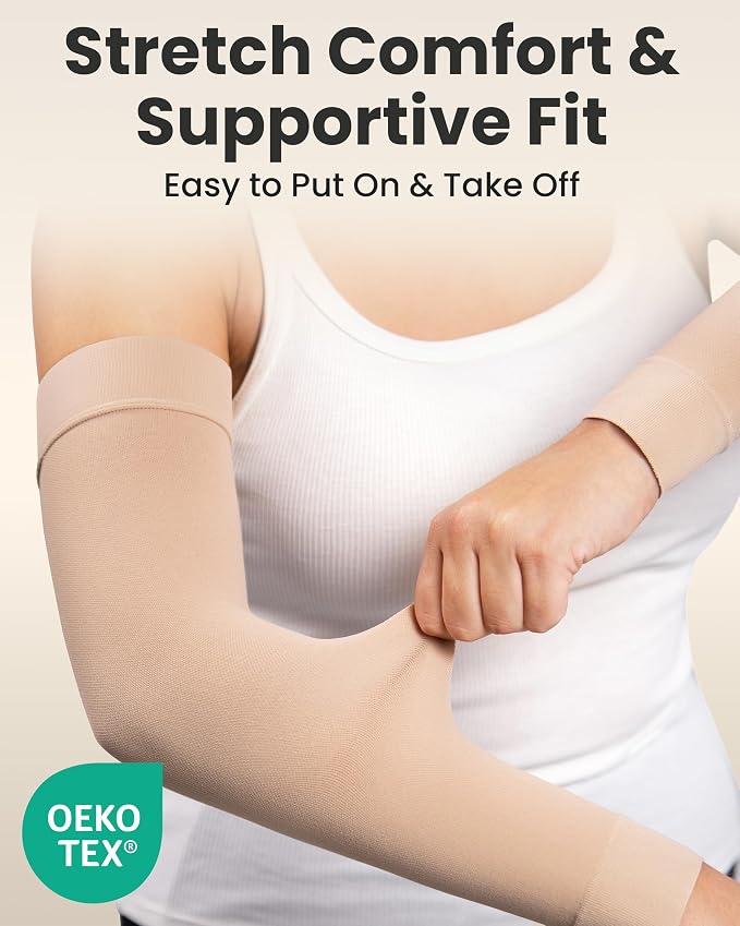 KEMFORD Lymphedema Compression Arm Sleeves for Women - 15–20 mmHg, Without Silicone Grip, 1 Pair, Beige, 3XL – Arm Support for Swelling & Edema