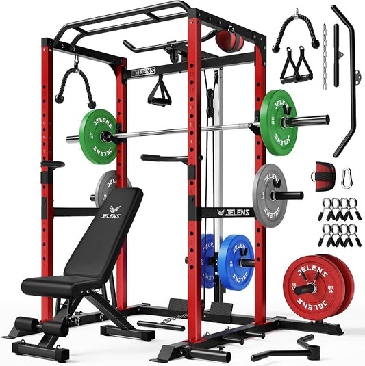 JELENS S21 Power Cage, Multi-Function Power Rack with Adjustable Cable Crossover System, 2000LBS Squat Rack for Home Gym with More Training Attachments
