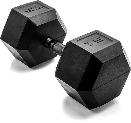 CAP Rubber Coated Dumbbell Weights, Free Weights for Home Gym Strength Training, Anti-Roll Hex Dumbbells with Black, Chrome & Comfort Grip Handles, Singles