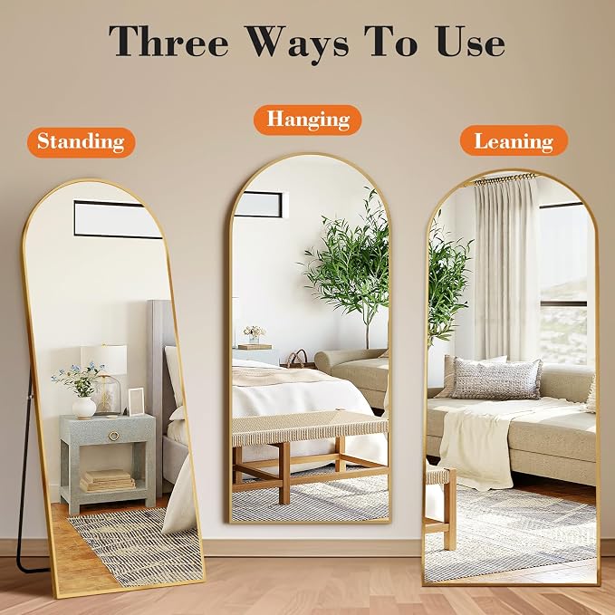 DUMOS 64"x21" Arched Full Length Floor Mirror, Full Body Mirror, Gold | Shatterproof Tempered Glass, Modern Aluminum Alloy Frame, Free Standing or Leaning for Home Decor