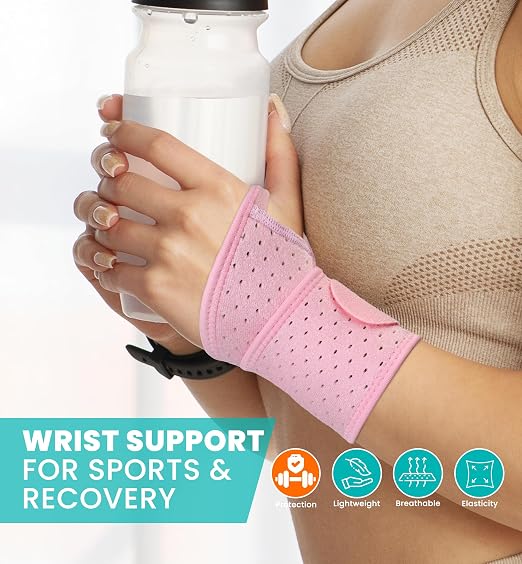 HiRui Wrist Wraps 2-Pack, Adjustable Breathable Wrist Support Brace for Men & Women – Pain Relief for Carpal Tunnel Syndrome, Tendonitis, Arthritis, Sports, Workouts – Fits Left & Right Hand (Pink)