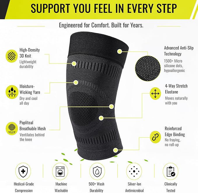 MGANG Knee Compression Sleeve, Knee Brace for Knee Pain Women Men, Non-Slip Compression Knee Brace for Arthritis Meniscus Tear Running Weightlifting, Breathable Knee Support Brace, Black X-Large