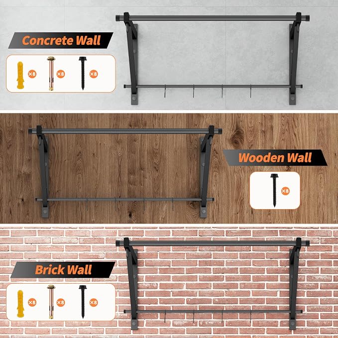 Adjustable Depth Pull Up Bar, Wall & Doorway Mounted Chin Up Bar with Hooks, Thickened Steel Construction, 500LBS Heavy Duty Capacity, Home Garage Upper Body Strength Training Equipment