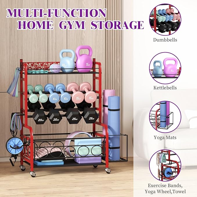 VOPEAK 3-Tier Dumbbell Rack with Wheels, Weight Rack for Home Gym Storage | Stores dumbbells, kettlebells & yoga mats. Lockable wheels for mobility. Sturdy steel frame, easy 15-min assembly