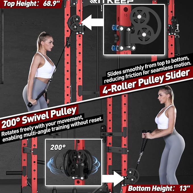 RitKeep Power Rack M10 with Pulley System & LAT Pull Down for Home Gym | Multi-Function Squat Rack with 1500LB Capacity, Pull-Up Bar & J-Hooks plus 11 Attachments for Strength Training