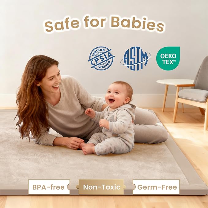 ACOMOPACK Baby Play Mat for Floor 1.3" Thick Memory Foam Play Mat 79"×157 Tummy Time Crawling with Non-slip Bottom for Living Room,Nursery,Soft Velvet Playpen Mats for Kids,Infants（Beige）