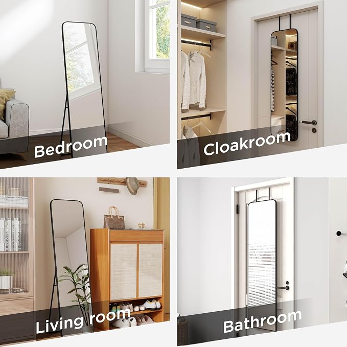 SCWF-GZ 57x16 Full Length Mirror Over The Door Hanging, Floor Stand/Wall Mounted Aluminum Alloy Frame Dressing Mirror for Bedroom Living Room 57 inch Black