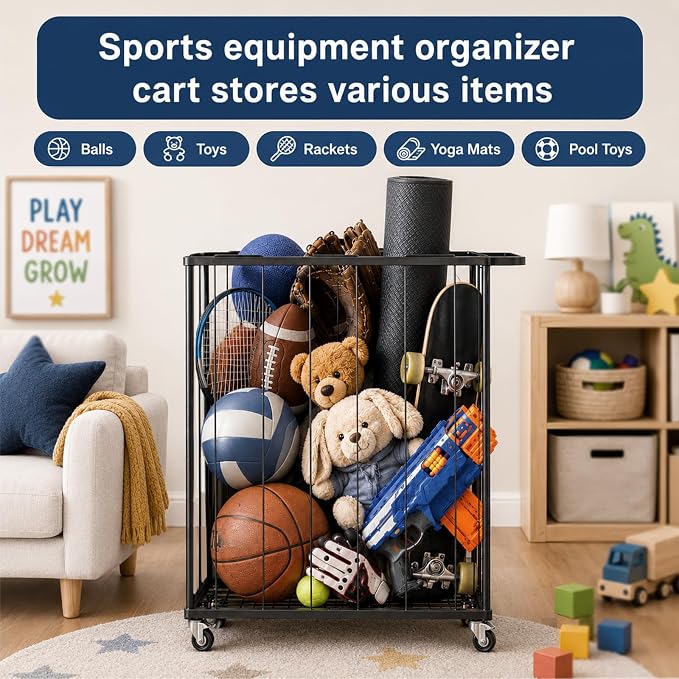 Garage Ball Storage Rack with Wheels, Metal Sports Ball Holder | Basketball Soccer Volleyball Holder with Adjustable Elastic Cords, Ball Organizer Space Saving Rack for Basement Gym Outdoor