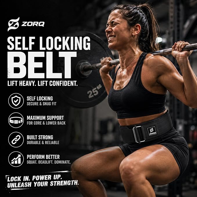 ZORQ Self-Locking Weight Lifting Belt - 4 Inch Wide Quick-Locking Gym Belt for Men & Women - Professional Weightlifting Belt for Olympic Lifting, CrossFit, Squats & Deadlifts - Back Support