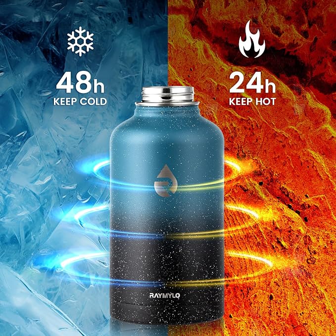 RAYMYLO Insulated Water Bottle 64 oz, Triple Wall Vacuum Stainless Steel | (Cold for 48 Hrs), Leak Proof & Non-BPA, Half Gallon Water Flask Jug with Paracord Handle & Straw Spout Lids