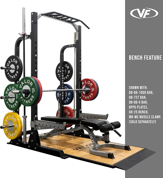 Valor Fitness Half Rack Squat Machine - 5 Position Multi-Grip Pull Up Station - Adjustable Height, Plate Storage, Bar Storage and Resistance Band Pegs – 750lbs.- Optional Weightlifting Platform Bundle