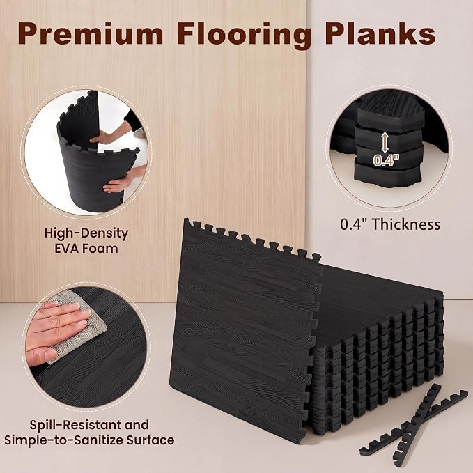 Giantex 25 Pcs Faux Wood Grain EVA Foam Tiles, 24"x24" Interlocking Floor | 100 Sq. Ft Puzzle Exercise Mats with 50 Borders, 0.4" Thick Waterproof Anti-Slip Flooring for Home Gym, Basement, Black
