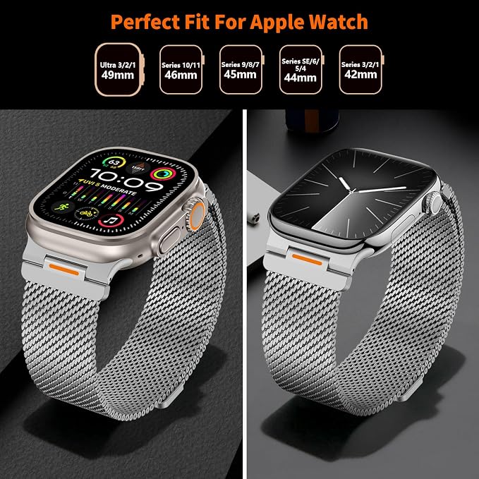 Bands Compatible with Apple Watch Ultra 3/2/1 Band 49/46/45/44mm | Milanese Loop Magnetic Stainless Steel Strap for iWatch Ultra SE 3/2/1 Series 11 10 9 8 7 6 5 4 3 2 1 Men, Silver