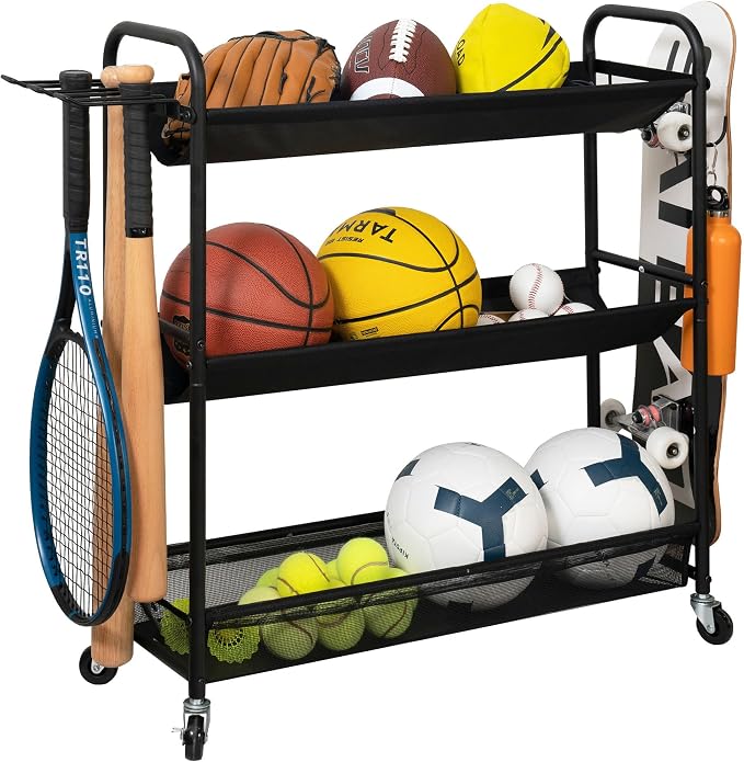 STORAGE MANIAC Basketball Rack 3-Shelf Training Stand with Wheels | Sports Ball Cart with Hooks, Rolling Ball Basket Storage for Garage or Gym, Indoor & Outdoor Sports Equipment Organizer