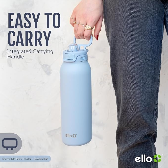 Ello Pop & Fill Insulated Stainless Steel Water Bottle with Quick Fill Lid, Leakproof Locking, Sip or Chug Spout, BPA-Free, Double Wall Vacuum Insulated for Sports, Travel & School- 22oz / 32oz / 40oz