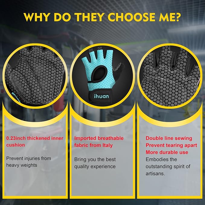ihuan Breathable Weight Lifting Workout Gym Gloves: Fingerless Exercise Wrist Support | Enhance Palm Protection | Extra Grip for Fitness |Training | Rowing | Pull-ups