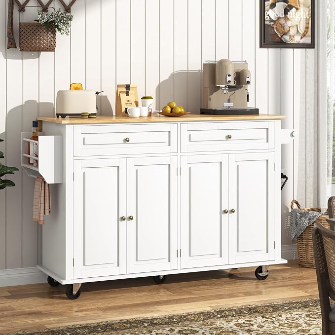 Hlivelood 59.1" Movable Kitchen Island with Drop Leaf and Power Outlet, Rolling Island Cart w/Storage Cabinet, Island Table on Wheels for Kitchen w/2 Drawers, Spice Rack, Towel Bar, Garage Hook, White