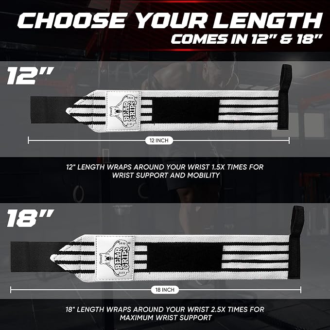 Bear Grips Wrist Wraps for Weightlifting | Weight Lifting Wrist Straps for Weightlifting | Extra Strength Gym Wrist Wraps | Two Wrist Wrap Per Pack | 12” & 18” | Lifting Wrist Wraps for Men & Women