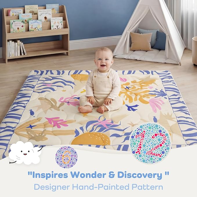 1.6" Thick Baby Play Mat, 50x50 Removable & Machine Washable Cover | Padded Memory Foam, Non-Slip Backing, 100% Baby-Safe Materials, Tummy Time Crawling, Outdoor, Bedroom, Living Room, Nursery