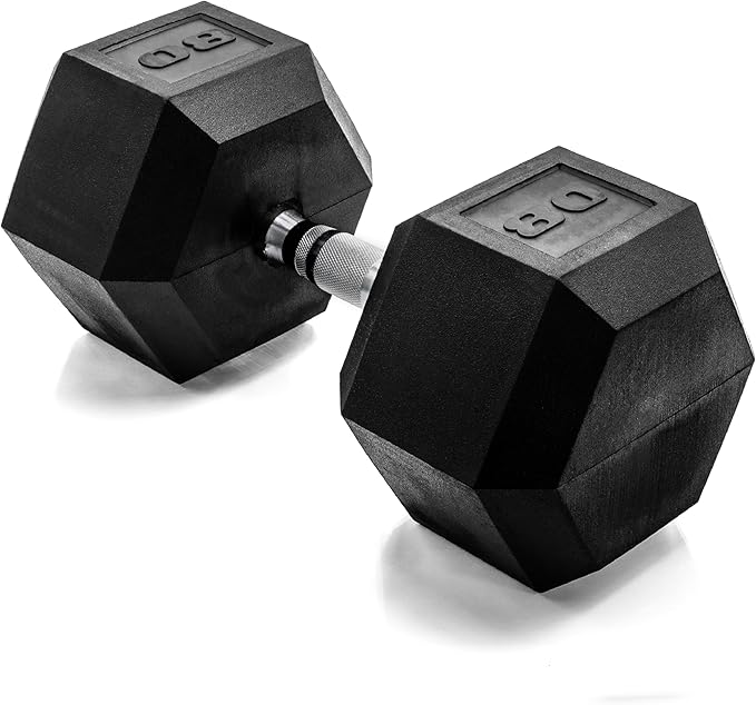 CAP Rubber Coated Dumbbell Weights, Free Weights for Home Gym Strength Training, Anti-Roll Hex Dumbbells with Black, Chrome & Comfort Grip Handles, Singles