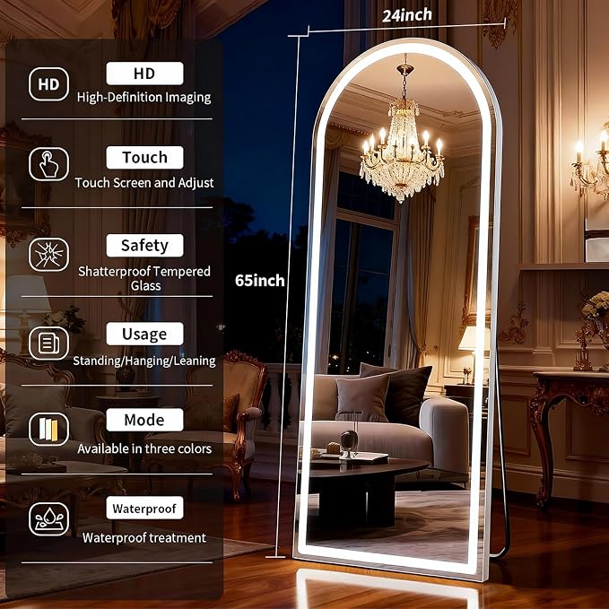 LED Arched Full Length Mirror with Lights 65"x24" | Lighted Floor Mirror with Dimming & 3 Color Lighting, Aluminum Frame Standing Leaning or Hanging for Cloakroom White