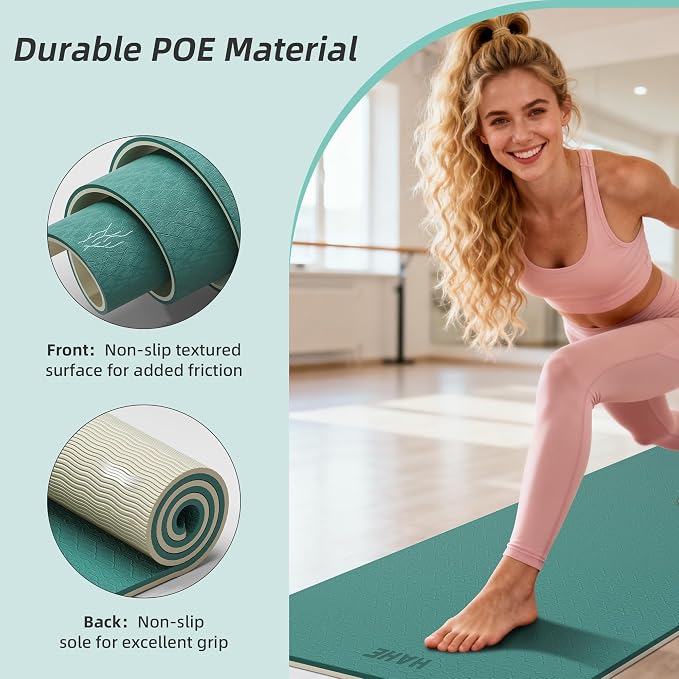 HAHE Wide Yoga Mat 72"x32"x0.4" Thick Pilates Mat with Carrying Strap | Exercise Mats for Home Workout, Wide Non-slip Exercise Mats, Double-Sided POE Fitness Mat for Yoga, Pilates & Travel