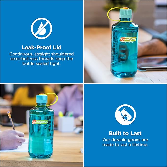 Nalgene 32 oz Narrow Mouth Water Bottle, Cerulean | BPA-Free, Durable & Lightweight, Leak Proof, Dishwasher Safe, Large Reusable Plastic Bottle for Hiking, Gym, Work & Travel