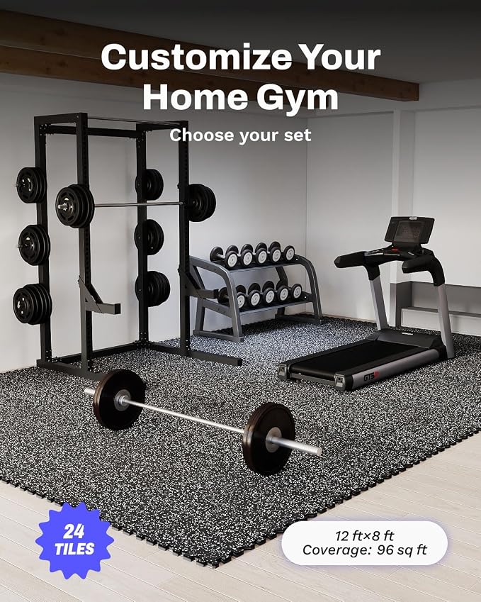 AIRHOP 0.79'' Extra-Thick 96 Sq Ft Rubber Top Gym Flooring for Home Gym | 24 Tiles, High Density EVA Foam, Waterproof & Non-Slip Rubber, Interlocking Puzzle Mats, Heavy Duty Floor Protection, 24"x24"