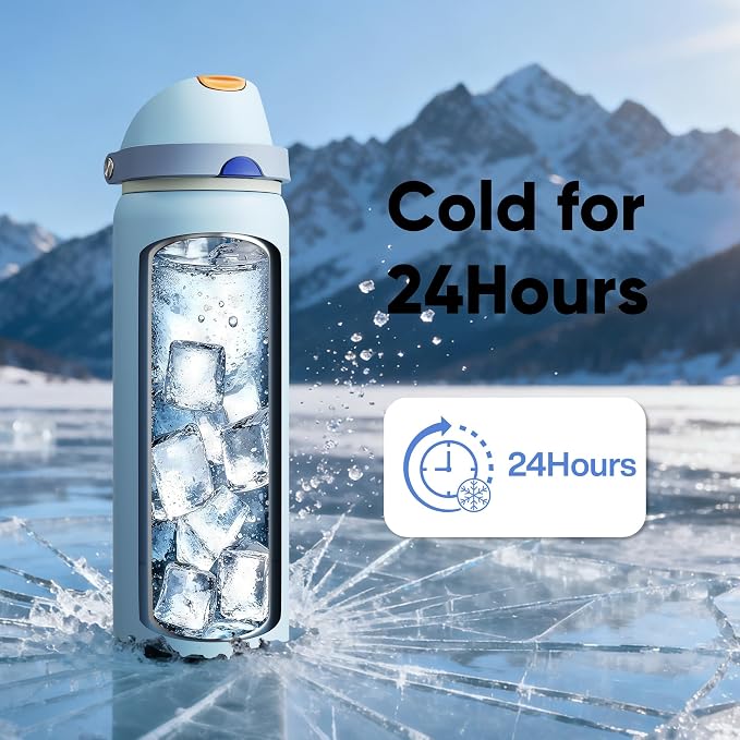ENCOOL Insulated Water Bottle with Straw Stainless Steel Water Bottle with Push Button Lid, Leak-Proof & BPA-Free, Keeps Cold for 24 Hours for Sports, Travel, Gym (32 oz, Hazy Blue-Blue)