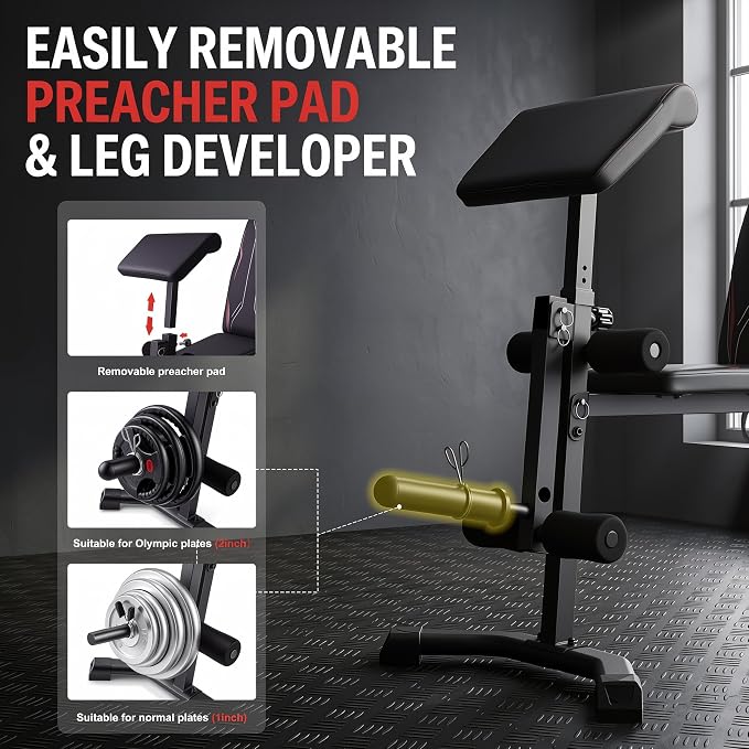 OPPSDECOR Adjustable Weight Bench with Leg Extension and Preacher Curl Pad | Foldable Workout Bench, 10 Positions Incline Decline Flat Full Body Home Gym Strength Training, 800 lbs Capacity Bench Press