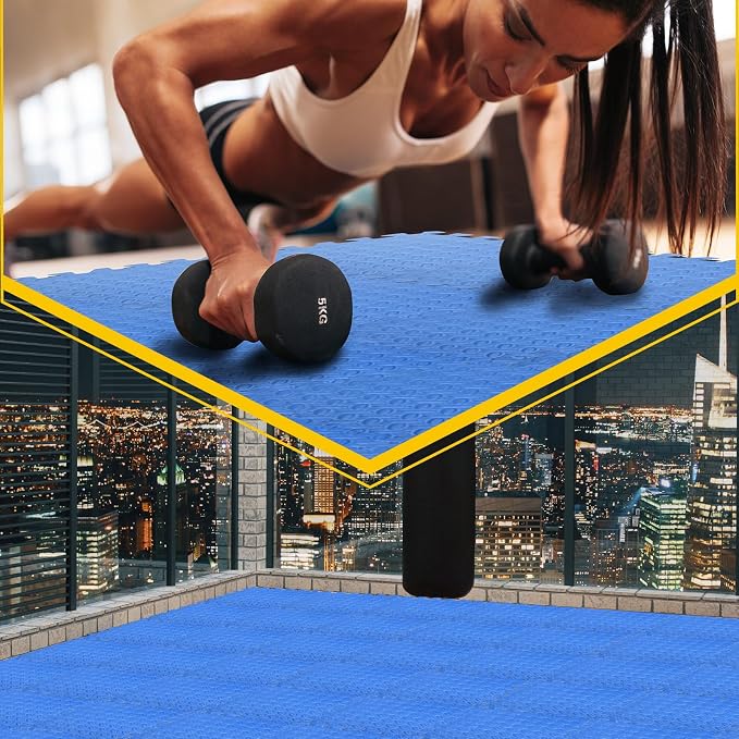 Ecally 100 Pcs 12 x 12 Gym Mat Foam Floor Mats for Home Gym Covers 96 Sq Ft Puzzle Exercise Square Interlocking Carpet Tiles with Border for Workouts Equipment Yoga Pilates (Blue)