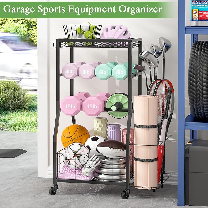 Home Gym Storage Rack, Dumbbell Rack with Yoga Mat Storage, Weight Rack Stand with Lockable Wheels and Hooks, Home Workout Equipment Organizer for Yoga, Dumbbell, Kettlebells, Ball Storage
