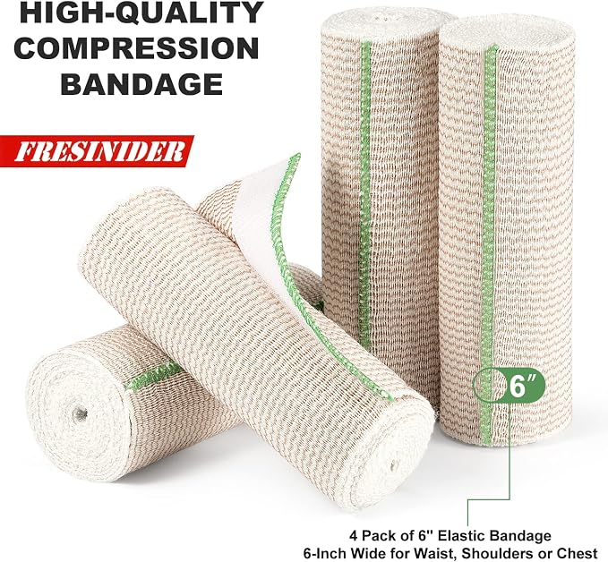 FRESINIDER Premium Elastic Bandage Wrap 6 Inch, 4 Pack, Hook and Loop | Extra-Wide 6-Inch Cotton Compression Wrap for Thigh, Shoulder and Large Leg; Secure Ends for Swelling and Injury Recovery.